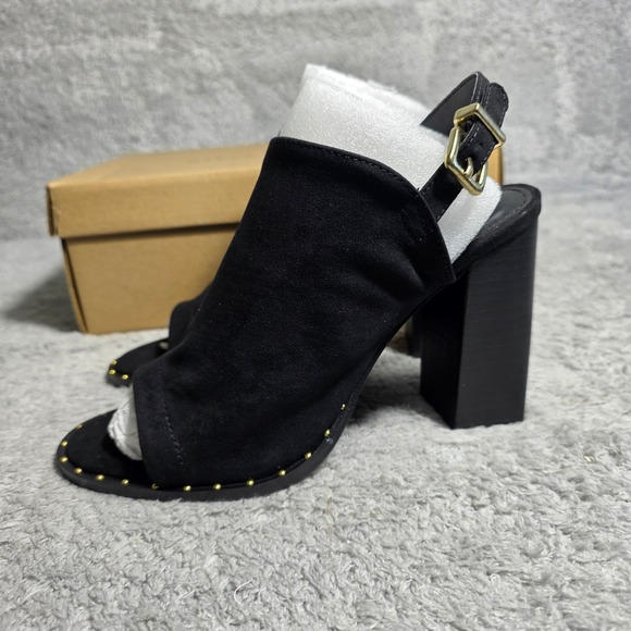 Steve Madden Interrupt Black Studded Open Toe Heels Slingback Sandals 8.5 NEW - Picture 4 of 6